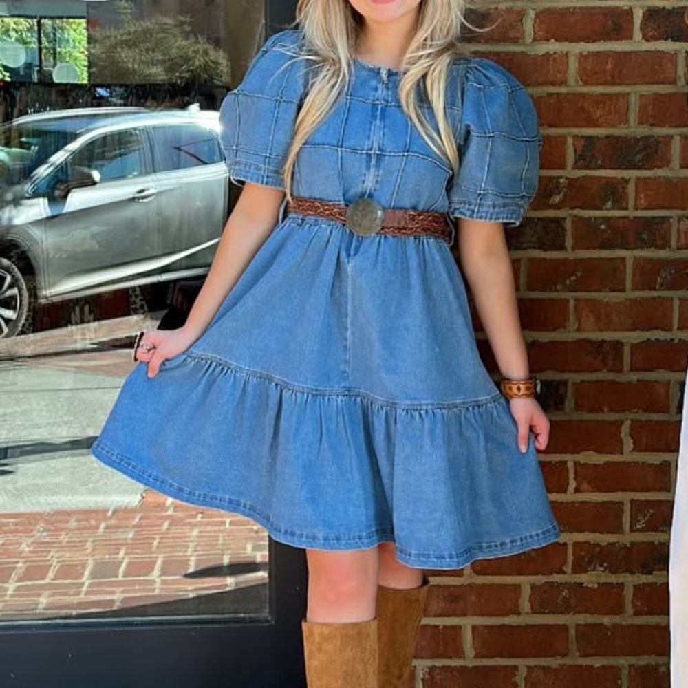 Denim Puff-Sleeve Mini Dress - Blue